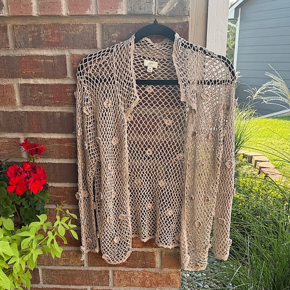 J. Jill Ladies M Open-Front Crochet Cardigan - Beige
